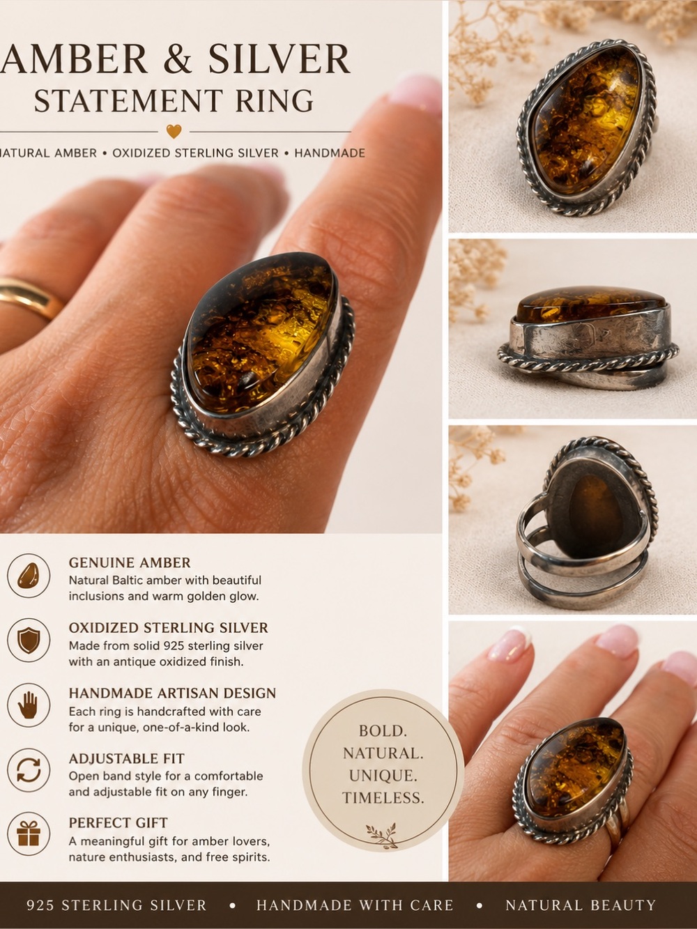 Amber & Silver Statement Ring - Genuine Baltic Amber in Oxidized Sterling Silver